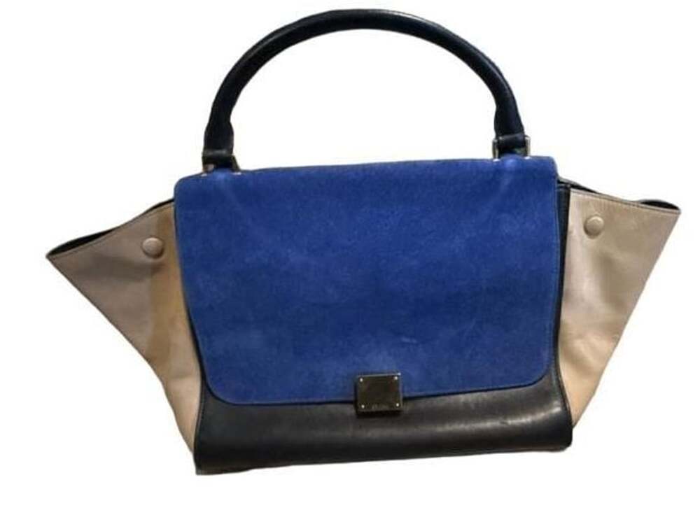 FLAWED - Celine Medium Tricolor Trapeze Bag Blue Black Beige Suede Leather